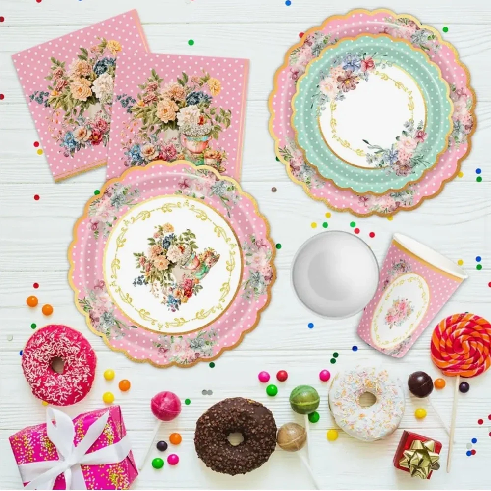 Floral Party Tableware 50-pc Set with Pink and Green Accents (Serves 10)